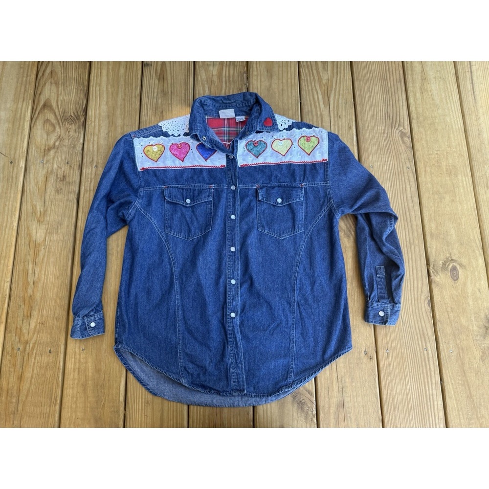 Vintage 90s Sasson Denim Shirt Womens Size M Embroidered Hearts Lace